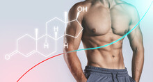 Muscular Male Torso And Testosterone Formula. Concept Of Hormone Increasing Methods.