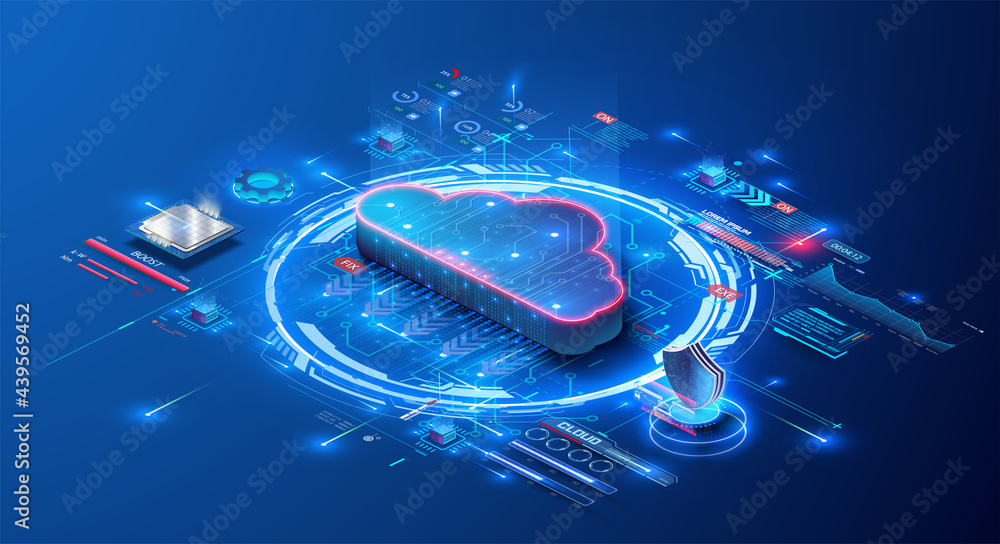 Cloud storage for downloading an isometric. A digital service or application with data transmission. Network computing technologies. Futuristic Server. Digital space. Data storage. Vector illustration - obrazy, fototapety, plakaty 