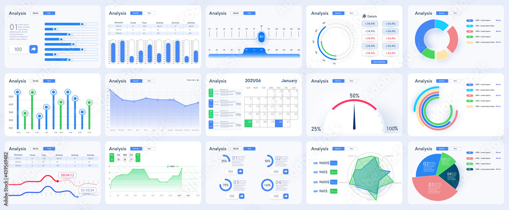 Modern infographic template with stock diagrams and statistics bars, line graphs and charts for finance report. Diagram template and chart graph,UI and UX Kit with big data visualization. Vector - obrazy, fototapety, plakaty 