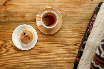 Autumn tea in warm colors with knitted sweaters