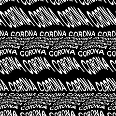 CORONA word warped, distorted, repeated, and arranged into seamless pattern background. High quality illustration. Modern wavy text composition for background or surface print. Typography.