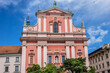Franciscan Church of Annunciation (1646 - 1660) located on Preseren Square in Ljubljana - capital of Slovenia. Its red color is symbolic of the Franciscan monastic order.