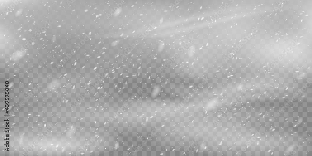Realistic blizzard background. Christmas snowfall overlay, falling snowflakes winter snowy weather vector background illustration. Heavy snowfall - obrazy, fototapety, plakaty 