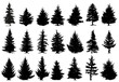 © WinWin - Christmas pine trees silhouettes. Coniferous forest monochrome woods, vintage fir trees silhouettes vector isolated icons set. Spruce forest trees silhouettes