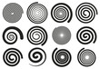 Abstract spirals. Vortex swirl motion elements, simple rotating spirals silhouettes isolated vector illustration set. Spiral rotating stripes