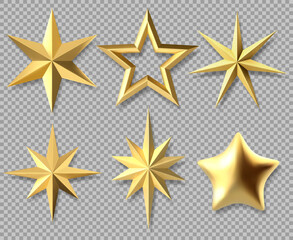 Realistic Christmas stars. Golden xmas glossy 3D stars, award decorative symbol isolated vector illustration set. Gold Christmas star icons