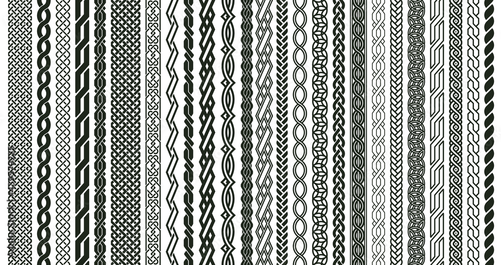 Celtic braids patterns. Braided Irish pattern seamless borders, knotted braid ornaments isolated vector illustration set. Woven celtic braids elements - obrazy, fototapety, plakaty 