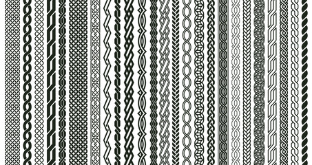Celtic braids patterns. Braided Irish pattern seamless borders, knotted braid ornaments isolated vector illustration set. Woven celtic braids elements