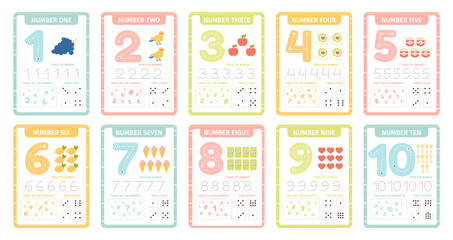 Numbers learning cards. Kindergarten flashcards with numbers, learning and spelling numbers from 1 to 10 vector illustration set. Kids counting worksheets