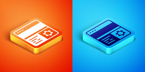 Isometric Debugging icon isolated on orange and blue background. Debugging tool. Magnifying glass on bug programming. Testing and setting software. Vector