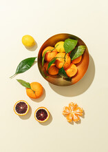 Flat Lay Of Satsuma's, Blood Oranges And Mandarins