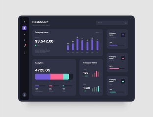 Wall Mural - Dashboard Design. App interface with UI and UX elements. Use design for web application, desktop app or website. Dark mode.