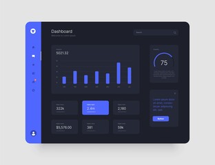 Wall Mural - Dashboard Design. App interface with UI and UX elements. Use design for web application, desktop app or website. Dark mode.