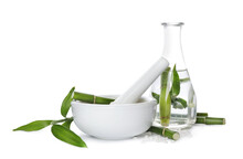 Composition With Fresh Bamboo And Bath Salt On White Background. Spa Procedure