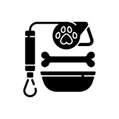 Sticker - Pet lead and food black glyph icon. Shop with animal products. Supplies for cats and dogs. Everyday routine shopping and lifestyle. Silhouette symbol on white space. Vector isolated illustration