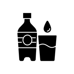 Sticker - Water black glyph icon. Hydration for fitness. Fluids to avoid thirst. Water bottle to prevent dehydration. Everyday routine. Silhouette symbol on white space. Vector isolated illustration