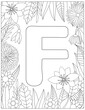 Letter F coloring page. Floral coloring.