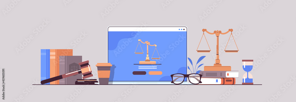 law and justice concept gavel judge books and scales on laptop screen online lawyer legal advice - obrazy, fototapety, plakaty 