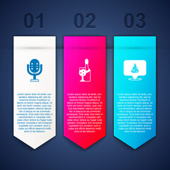 Wall Mural - Set Microphone, Champagne bottle and Slice of pizza. Business infographic template. Vector