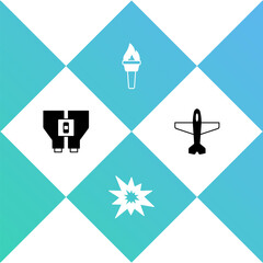 Poster - Set Binoculars, Bomb explosion, Torch flame and Plane icon. Vector