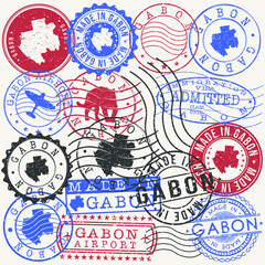  Gabon Set of Stamps. Travel Passport Stamps. Made In Product Design Seals in Old Style Insignia. Icon Clip Art Vector Collection.
