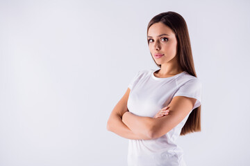 Sticker - Close-up profile side view of her she nice attractive lovely lovable pretty sweet straight-haired girl coach trainer folded arms isolated on light white gray pastel color background