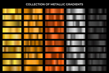 Big metal gradients pack. Gold, bronze, silver and black texture gradation background set. Vector metallic gradients. Elegant, shiny and bright gradient collection for design.