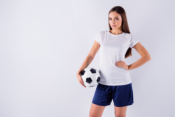 Sticker - Portrait of her she nice-looking attractive lovely pretty slim thin content sportive straight-haired girl coach holding in hand ball isolated on light white gray pastel color background