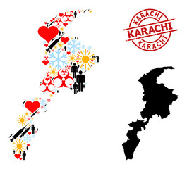  Distress Karachi stamp seal, and winter man infection treatment mosaic map of Khyber Pakhtunkhwa Province. Red round stamp has Karachi title inside circle.