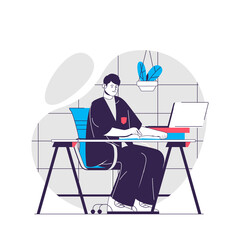 School web concept. Student sits at desk, studies at computer, does homework. Education people scene. Flat characters design for website. Vector illustration for social media promotional materials