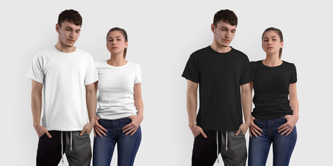 Mockup of a fashionable white, black T-shirt on a guy, a girl in jeans, isolated on background.