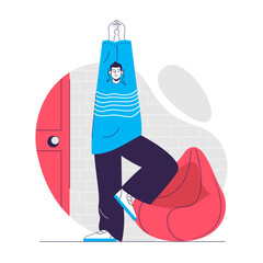 Poster - Yoga web concept. Man stands in tree pose, trains balance and strength. People practicing asana scene. Flat characters design for website. Vector illustration for social media promotional materials