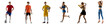 Multi sport collage football tennis soccer, boxer and runner sportsmen isolated on white background. Flyer