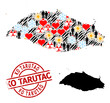 Grunge Ko Tarutao stamp seal, and heart demographics infection treatment collage map of Isla La Tortuga. Red round seal includes Ko Tarutao tag inside circle.