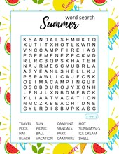 Summer Word Search Puzzle.  Educational Game. Crossword Suitable For Social Media Post. Party Card. Printable Colorful Worksheet For Learning English Words. Vector Illustration