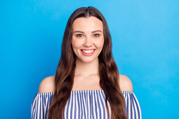 Poster - Photo portrait happy woman long hair in striped blouse smiling isolated bright blue color background