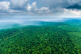Fototapeta  - rain over a green forest. panoramic view, drone shooting. rain floods the green valley. Aerial view landscape.