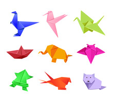 Origami Japanese Animal Illustrations Set In Cartoon Style. Cute Paper Animals. Dinosaur, Humming Bird, Crane, Boat, Elephant, Fly, Frog, Bird, Wolf, Dog. Art Concept For Advertisement, Banner Designs