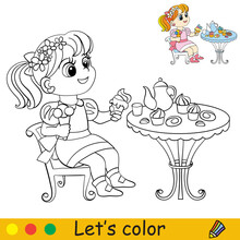 Cartoon Cute Girl Sitting At The Table With A Tea Set Coloring