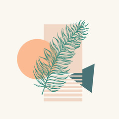 Canvas Print - Vector Botanical Background Decorative Layout. Hand Drawn Palm Leaves Branch with Abstract Geometric Shapes. Contemporary Art Design for Cover, Wall Decor, Apparel Print, Wallpaper
