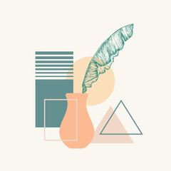 Canvas Print - Vector Botanical Background Decorative Layout. Hand Drawn Palm Leaf in a Vase with Abstract Geometric Shapes. Contemporary Art Design for Cover, Wall Decor, Apparel Print, Wallpaper