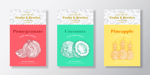Wall Mural - fruits and berries pattern label templates set. vector packaging design layout collection. modern ty