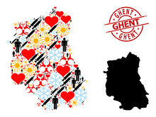 Distress Ghent Stamp Seal, And Winter Man Covid-2019 Treatment Collage Map Of Lublin Province. Red Round Stamp Seal Contains Ghent Caption Inside Circle.