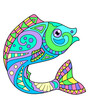 Fish - vector linear full color zentangle picture - with sea animal living in the ocean. Template for stained glass, batik or coloring. Fish painted with zentangles - representative of the underwater 