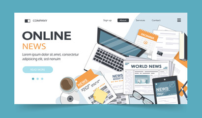 Vector illustration. Flat header. Online news. Newsletter and information. Business and market news. Financial report and coffee on wooden table