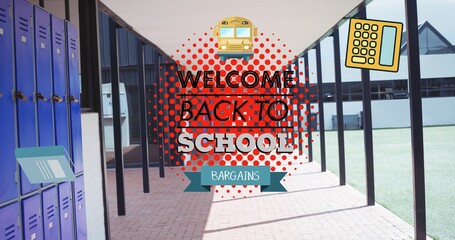 Poster - Composition of text welcome back to school bargains with red dots and calculator, over corridor