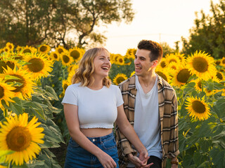 Pareja alegre celebrando sus vacaciones de verano en un campo de girasoles 