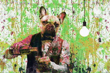colorful artistic dog in barman suit pouring alcohol in glass on background with bright paint splatt
