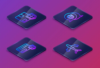 Sticker - Set Isometric line Delivery security with shield, Credit card, Location and Plane. Blue square button. Vector