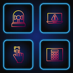 Poster - Set line Password protection, Fingerprint, Flasher siren and Laptop with exclamation mark. Gradient color icons. Vector